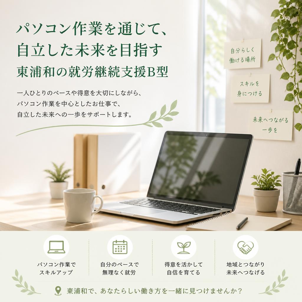 パソコン作業を通じて、自立した未来を目指す東浦和の就労継続支援B型