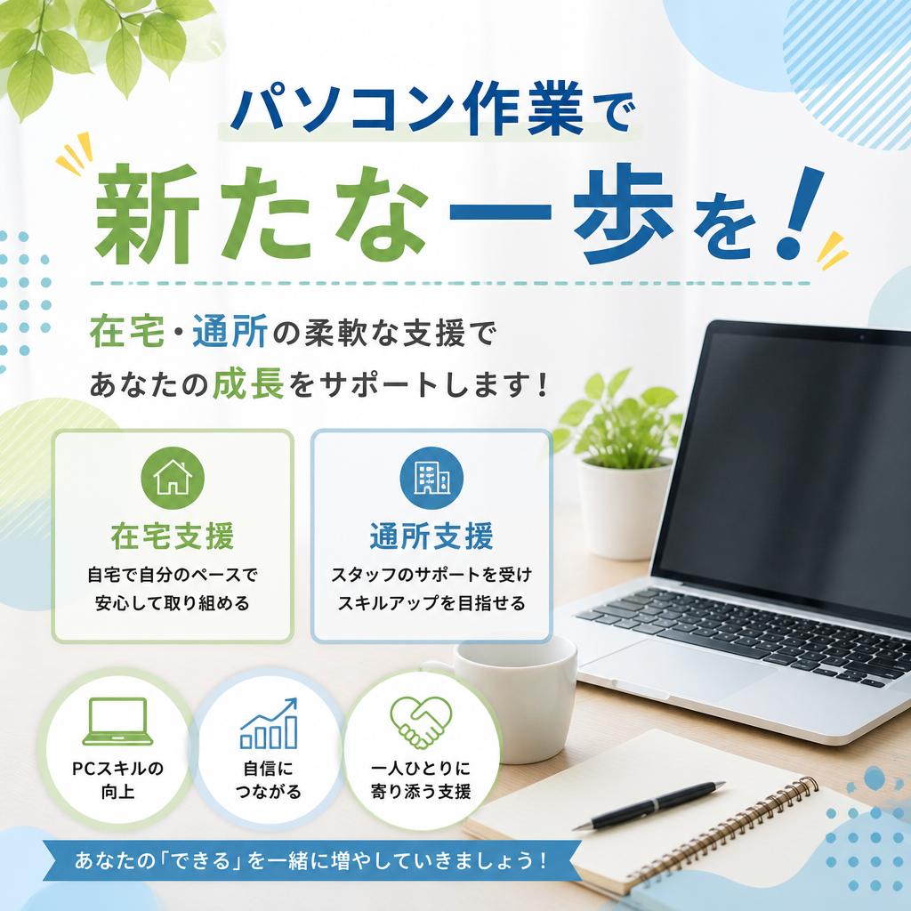 パソコン作業で新たな一歩を！在宅・通所の柔軟な支援であなたの成長をサポートします！