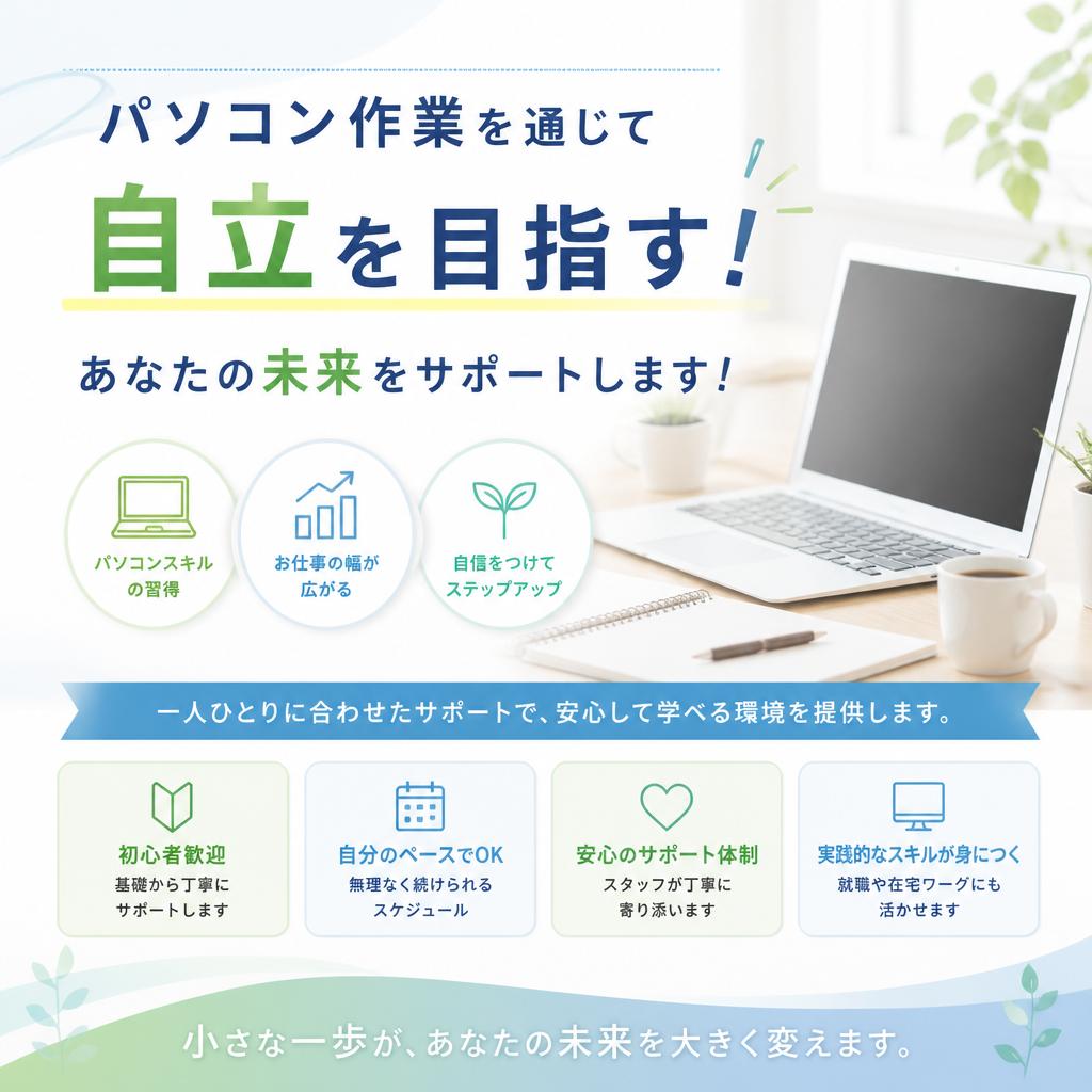 パソコン作業を通じて自立を目指す！あなたの未来をサポートします！