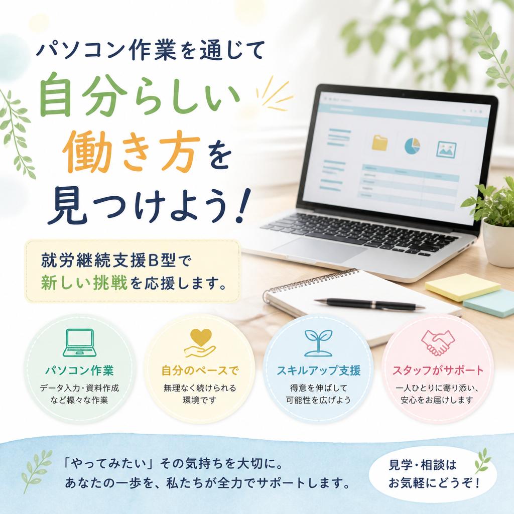 パソコン作業を通じて自分らしい働き方を見つけよう！
就労継続支援B型で新しい挑戦を応援します。